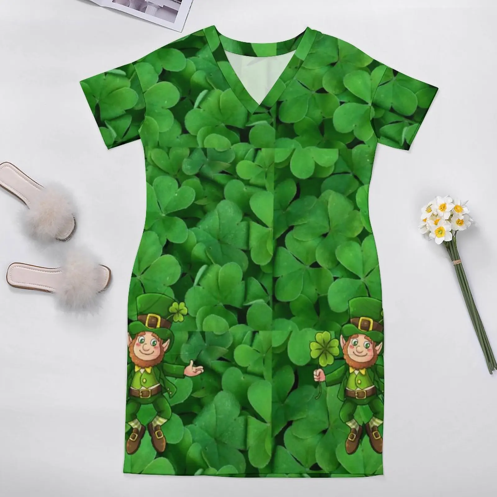 Vestido de dia de São Patrício Plus Size Saint Patrick Leprechaun Shamrock Street Style Vestido casual Mulher V Neck Vestidos fofos Idéia de presente