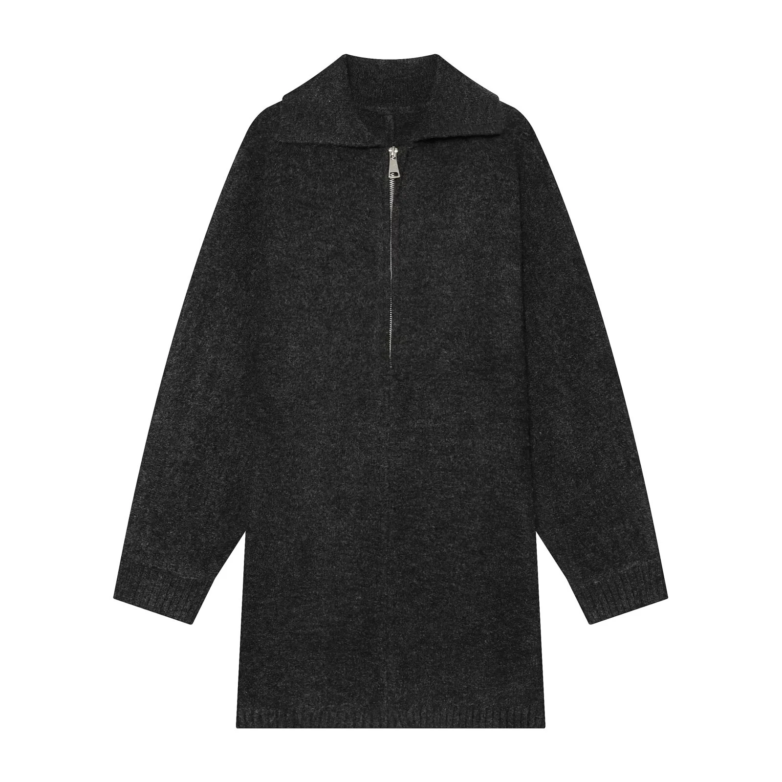 European and American style 2026 winter new women's long sleeved lapel zipper knitted short dress