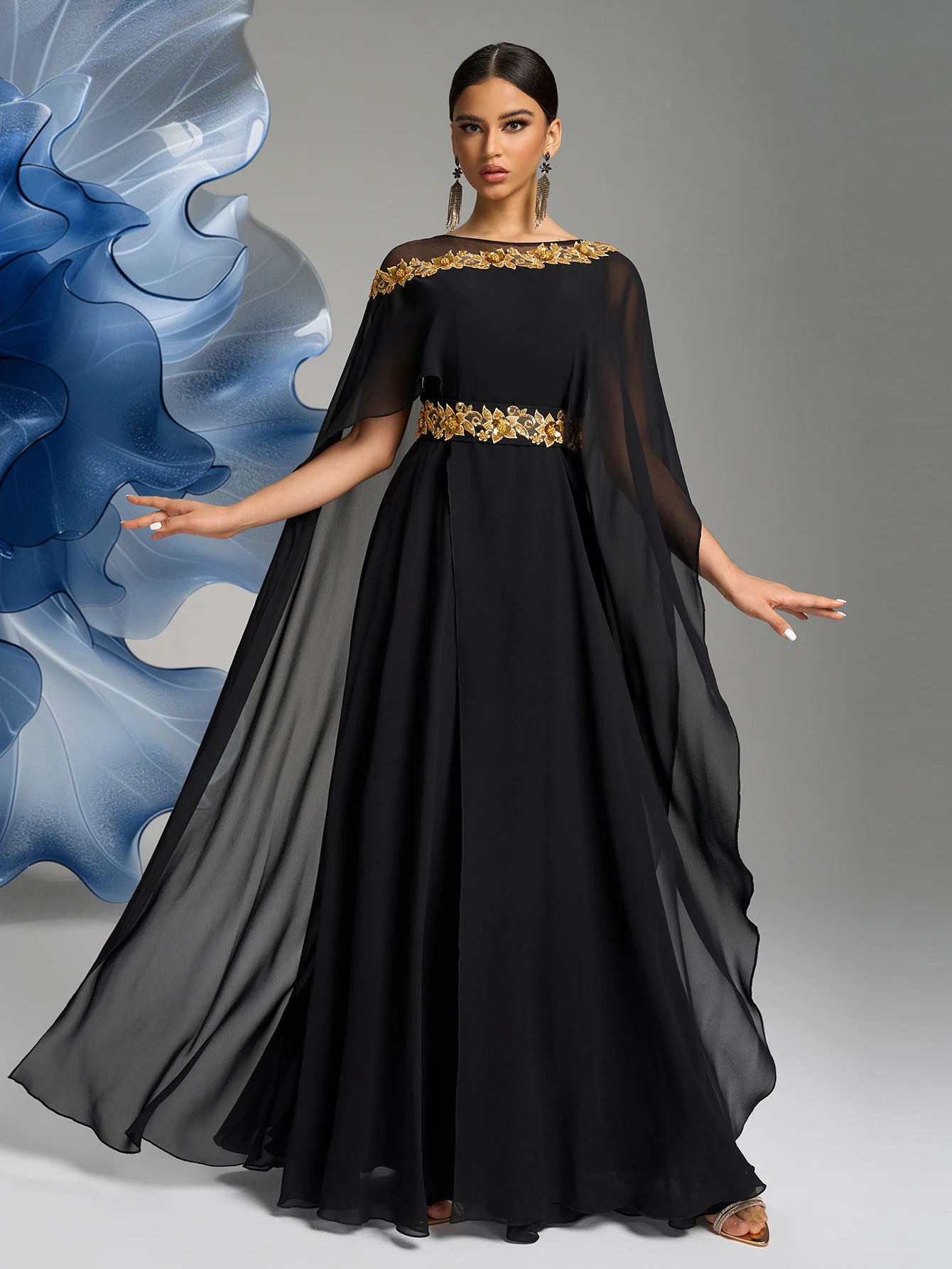 

UNITHORSE Round Neck Embroidered Decoration Chiffon Evening Dress Sleeve Draped Evening Gown for Women