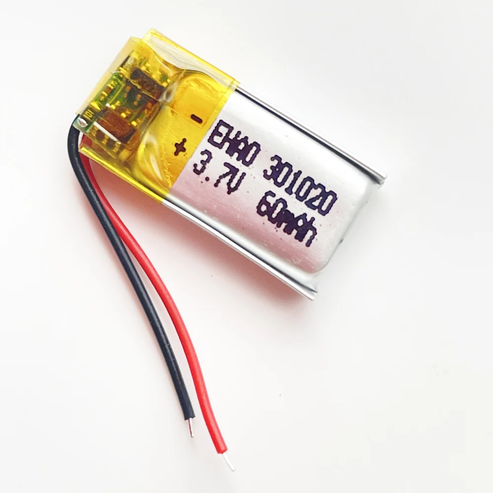 3.7V 60mAh Lithium Polymer LiPo Rechargeable Battery 301020 with JST 2Pin 1.0mm Plug For Mp3  Bluetooth Headset Speaker 3D Glass