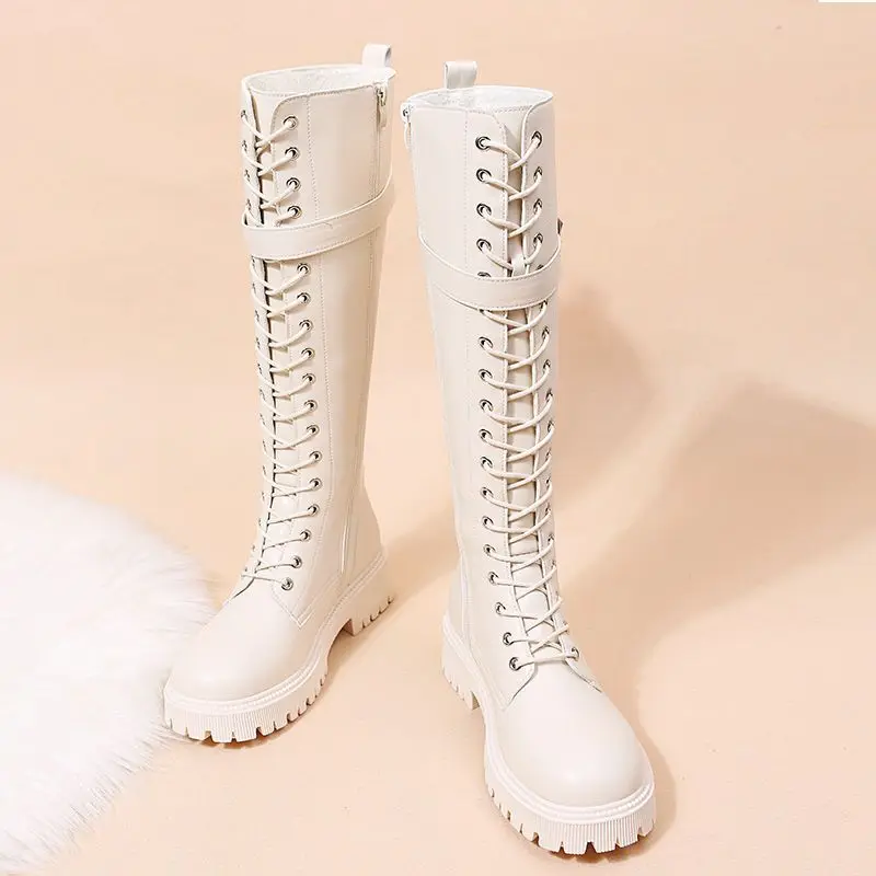 Buty damskie Biker Long Footwear Middle Heel Shoes For Woman New Rock Winter Knee High Shaft In Stylish Promotion Boot Pu