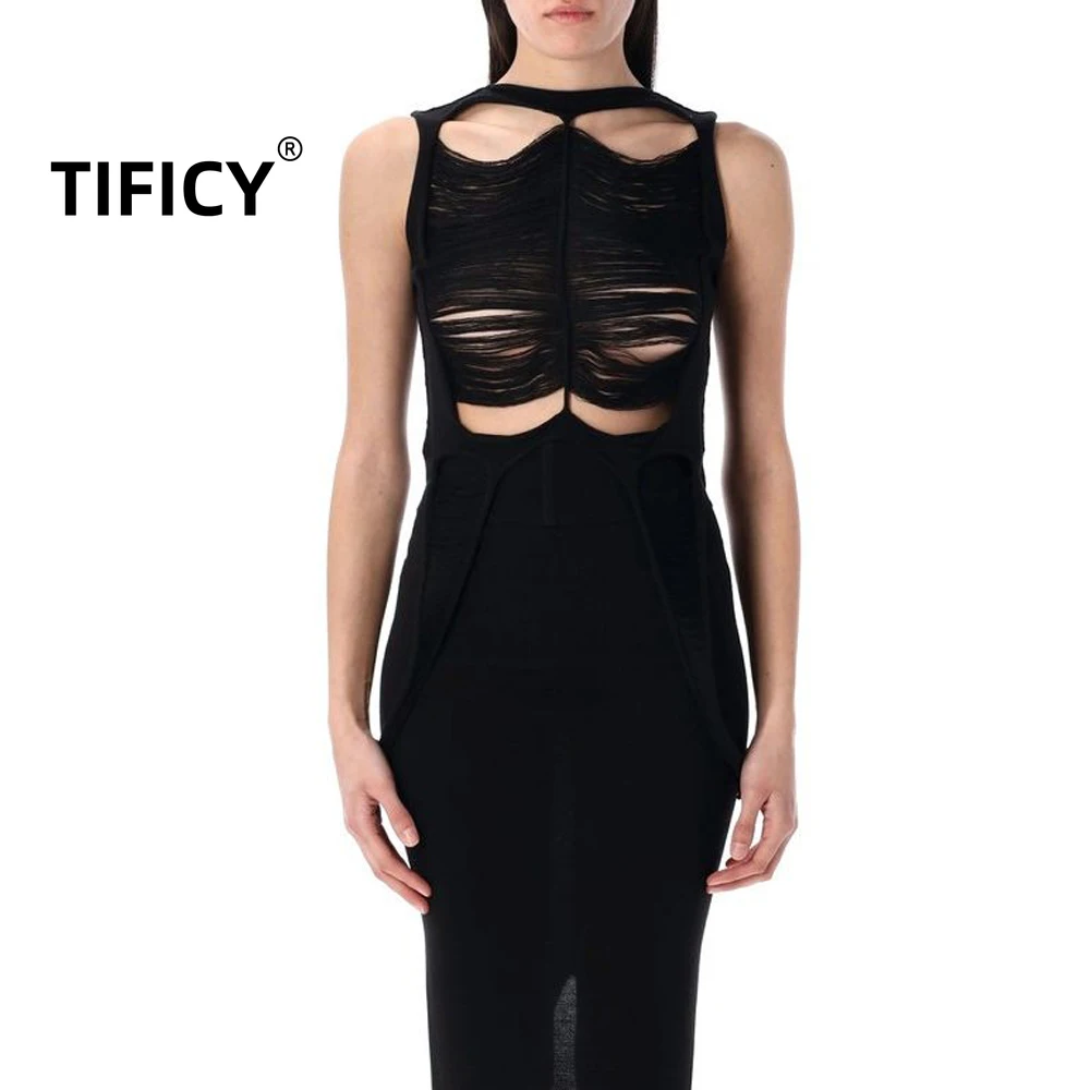 

High Street Dark Ro Knit Tank Women's Hollow Out Irregular Knitted Sweater Perspective Sleeveless Thin Tanks Camis Top