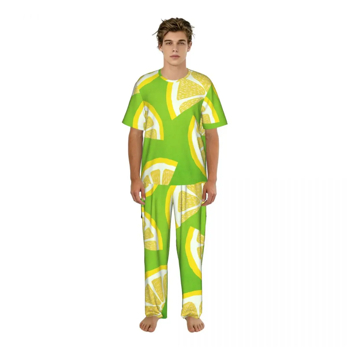 Men's short-sleeved pajamas two-piece trousers Lemon home wear suit sleepwear