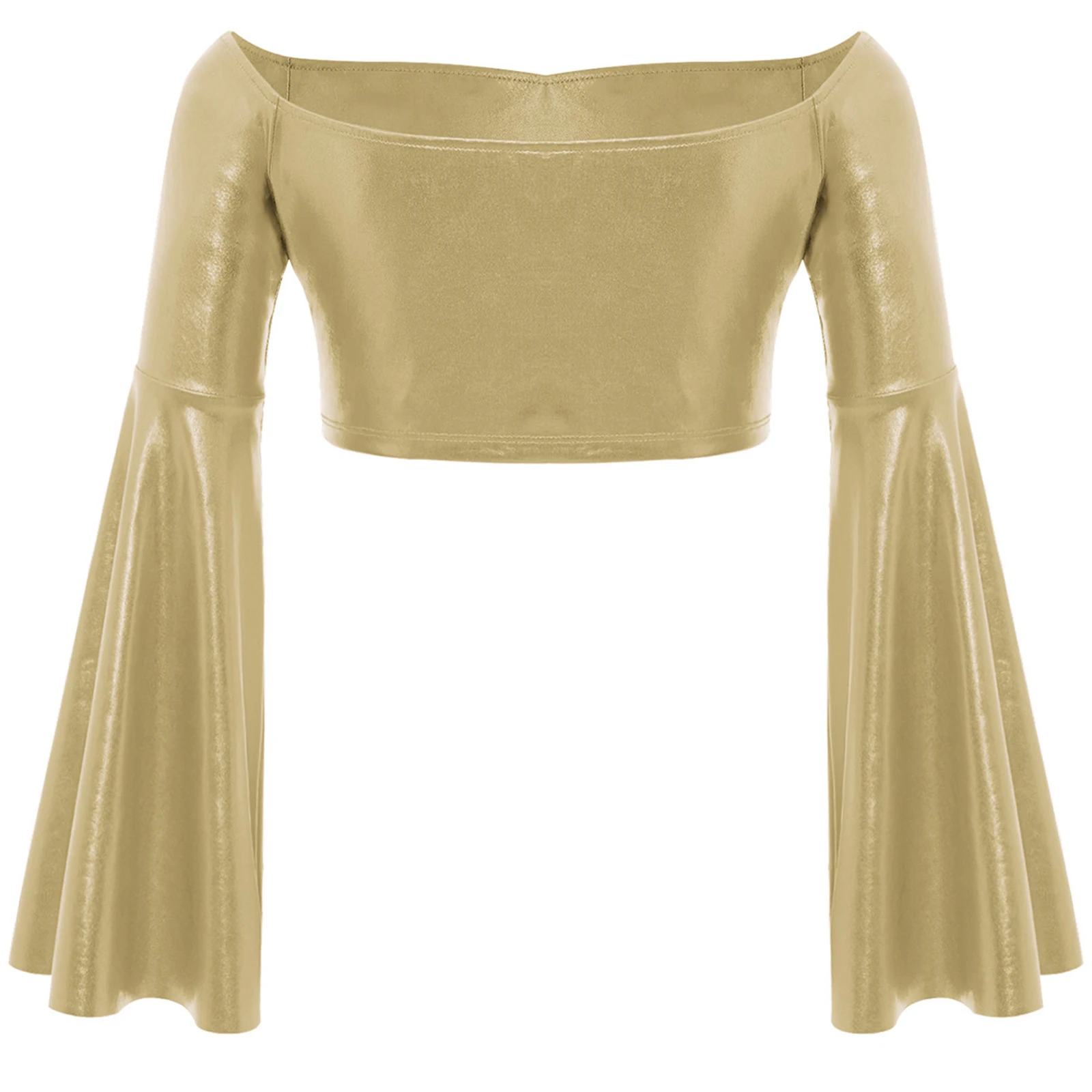 키즈 소녀 셔츠 재즈 댄스 탑 긴 플레어 슬리브 오프 숄더 메탈릭 크롭 탑 생일 파티 무대 공연 댄스웨어