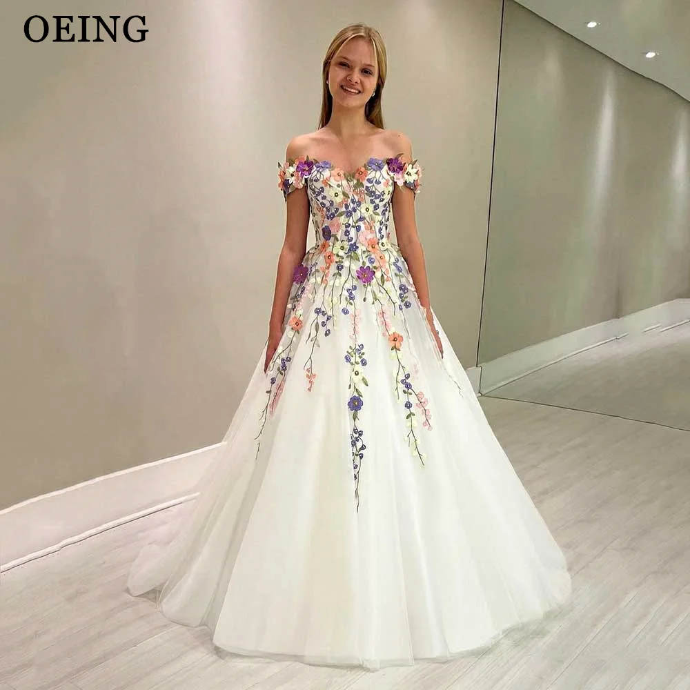 OEING 2024 Off The Shoulder Wedding Dress Vestido De Novia Flower Lace Evening Dress White Corset Back Prom Dress With Appliques