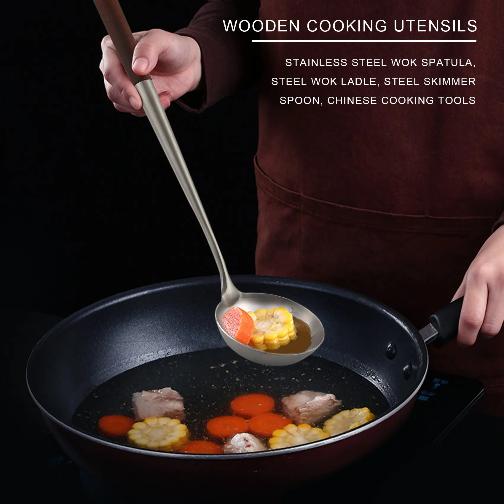 A84E-Wok Spatula And Ladle Tool Set, 17 Inches Spatula For Wok, Stainless Steel Wok Spatula
