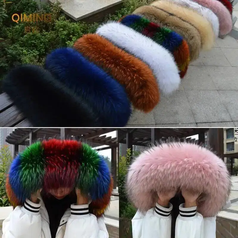 Winter Real Fur Collar Raccoon Fur Scarf Neck Warmer Women Man Natural Fur Hood Trims Female Scarves Coat Hood Decor Fur Shawls