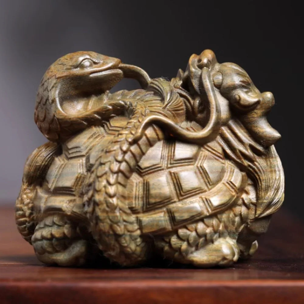 JW141- 7.5 CM Dragon Turtle and Snake Green Sandalwood Sculpture Animal Figurine Decoration Craft Gift Miniatur Ornaments