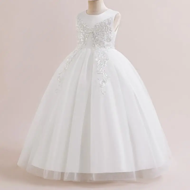 Summer New Youth Girls White Bow Sequin Decal Fashionable and Elegant Long Dress School Graduation Evening Dress