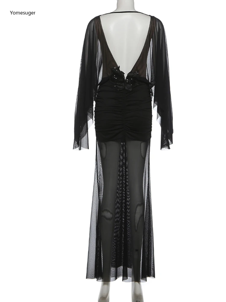 Yomesugar sexy sem costas borboleta vestido preto feminino dupla camada de malha retalhos manga cheia magro longo vestido de noite clubwear