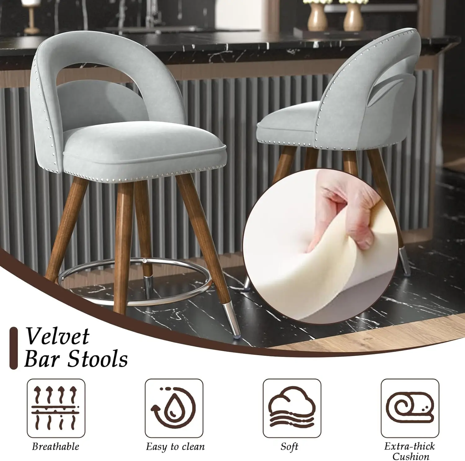 GYI Counter Height Bar Stools Set of 2, 24 Inch Swivel Bar Stools with Backs&Solid Wood Legs, Upholstered Grey Barstools, Velvet