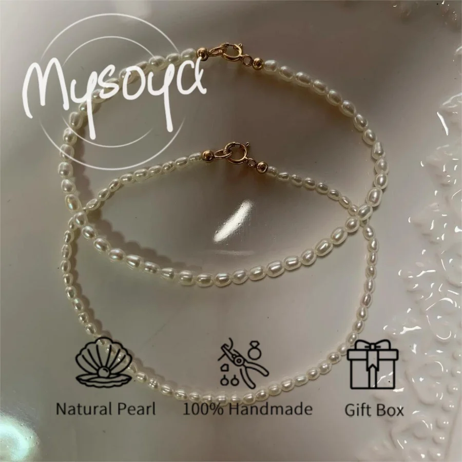 

MYSOYA 3-4mm Natural Freshwater Rice Shape Pearl Bracelet For Women Men With Gift Box Perfect Birthday Wedding Christmas Gift