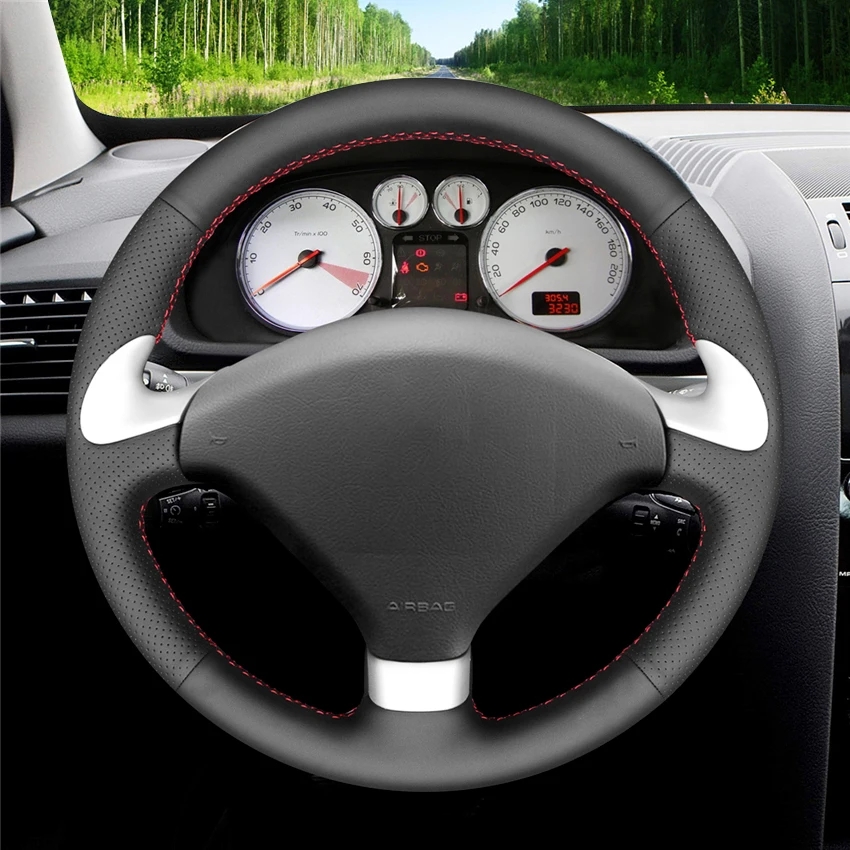 Black PU Faux Leather No-slip Soft Car Steering Wheel Cover for Peugeot 307 CC SW 2004-2009 307 Sport 2006-2007 407 SW 2005-2008