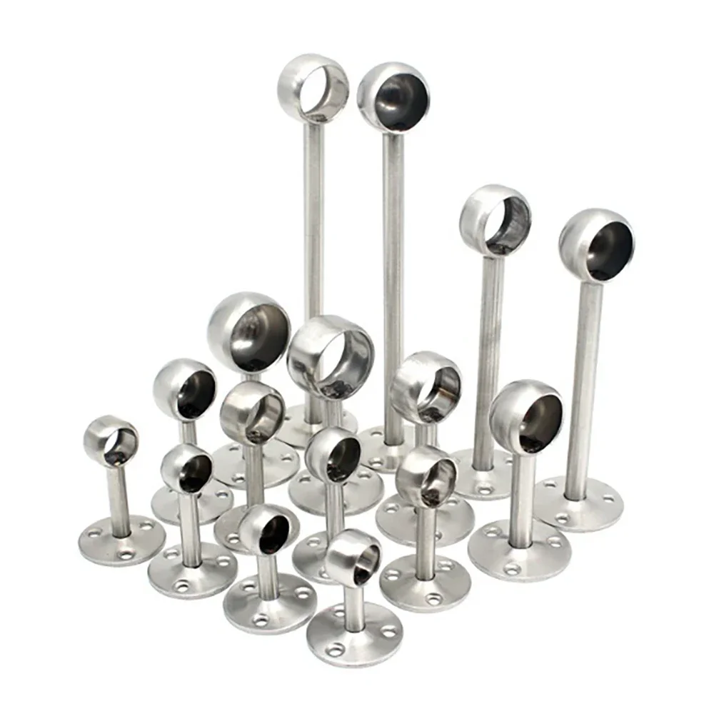 2Pcs SS Thickened High Foot Flange Seat Clothing Pole Wardrobe Hang Rail Rod Pole Socket End Holder 19/32mm White/Silver Hook