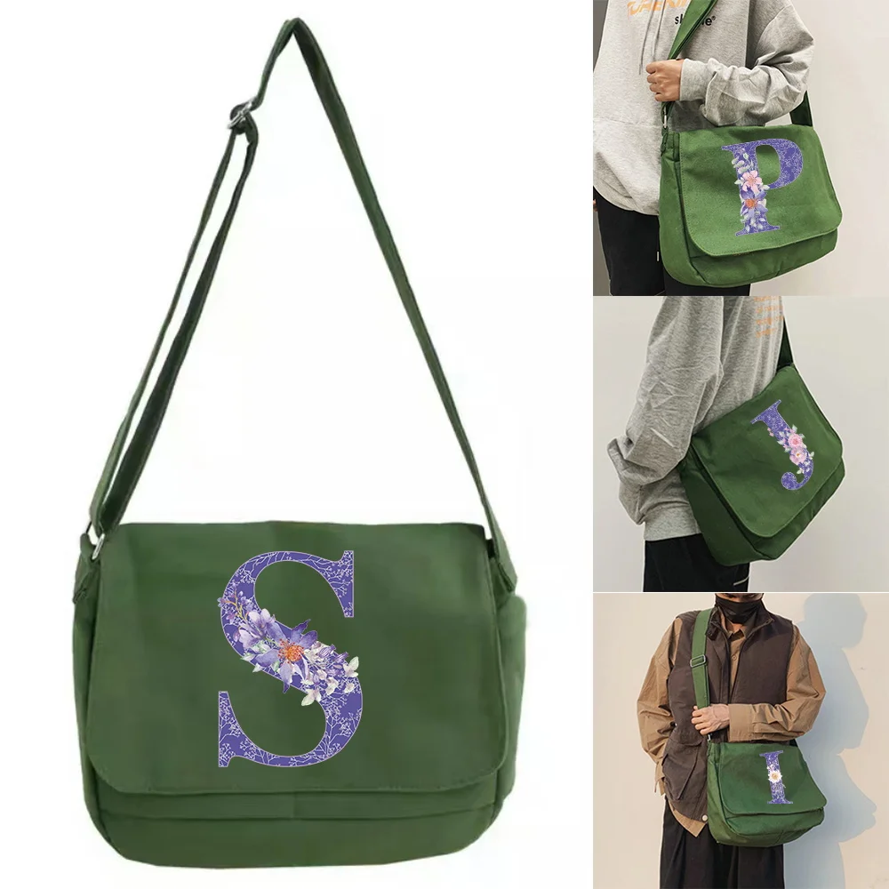 Large Capacity Shoulder Bags Green Canvas Leisure Travel Messenger Bag Purple flower Initial Name Series Women Crossbody Package
