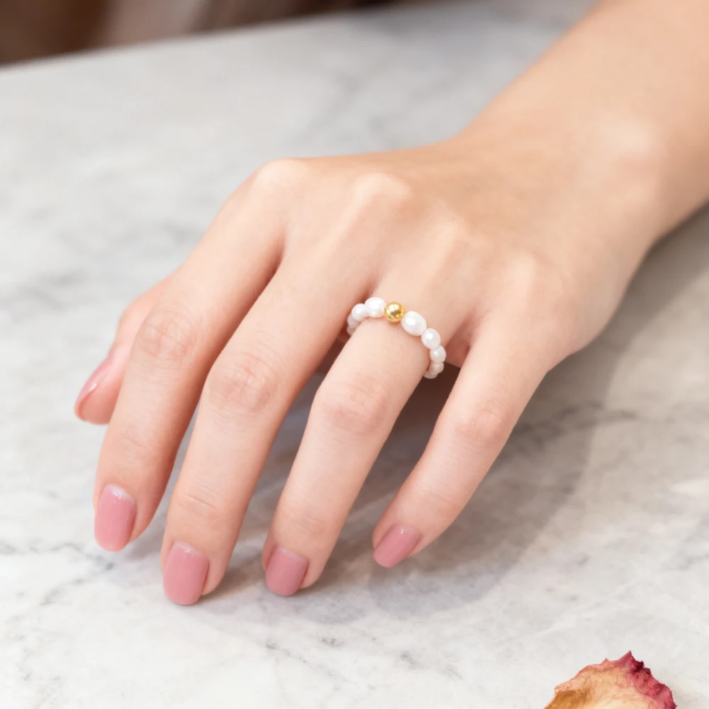 

3-4mm Natural Freshwater Pearls Elastic Ring Mini Rice Shape Beads 925 Sterling Silver Fashion Jewelry Hot Style for Women