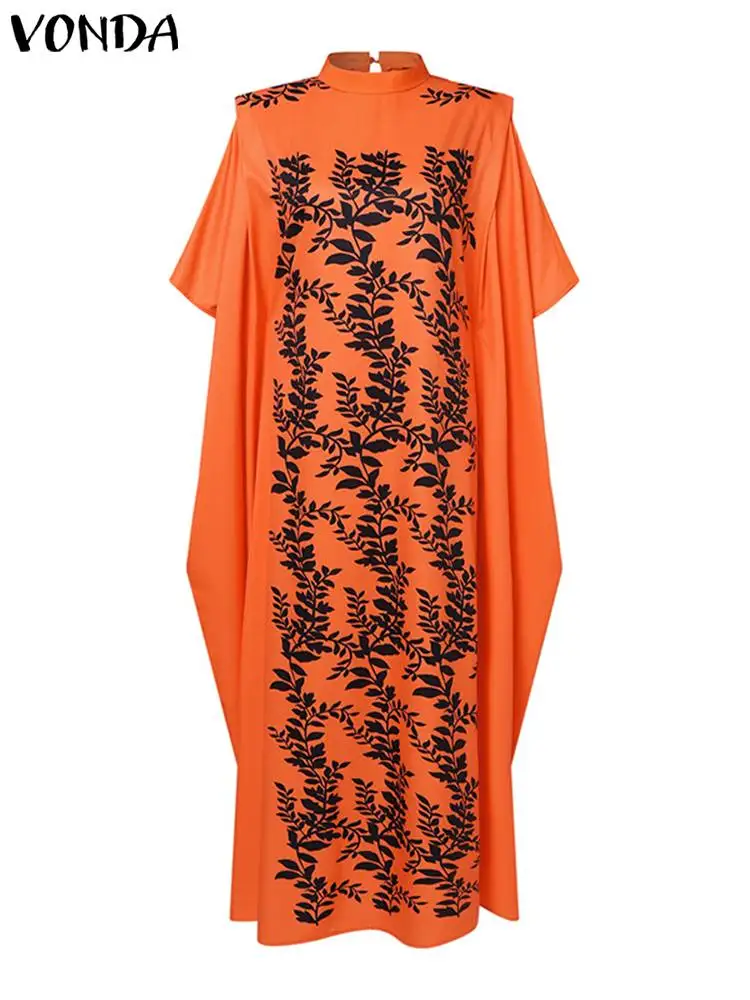 Vonda-vestido maxi estampado feminino, robe longo, gola boêmia, vestido de verão solto casual, largo, plus size, verão, 2023