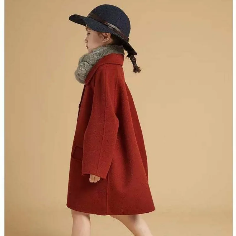 Girls Double Faced Wool Coat Autumn Winter New Kids Red Princess Style Overcoat Big Girls Children Outerwear