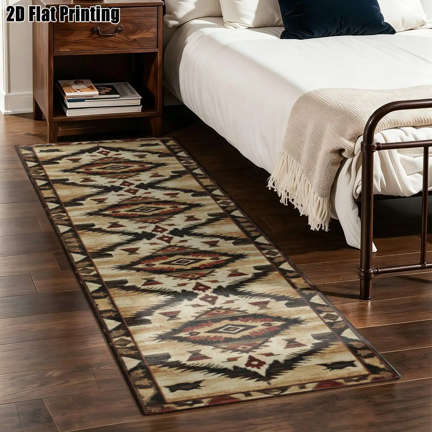 1Pc 2D Printed Long Strip Rug: Red-Brown Geometric Retro Bohemian Striped Design, Home Decor, Machine Washable, Multi-Size, Suitable for Entrance, Hallway, Bedroom, Living Room