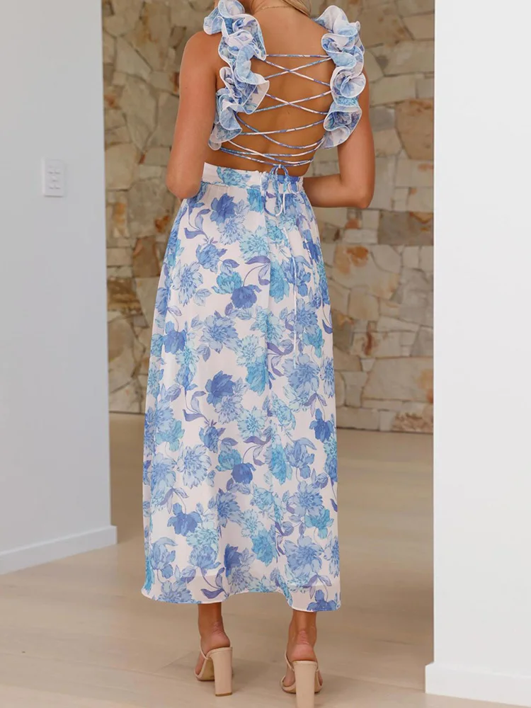 

Sleeveless Loungewear Patchwork Party Dress, Women Summer Solid Bandage Hollow Out Maxi Dress, 2026 V-Neck Elegant Ladies Dress