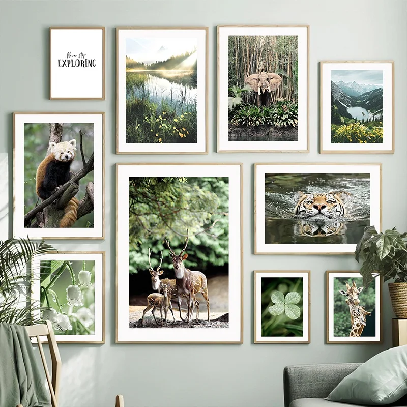 

Nordic Animal Landscape Painting Mountain Lake Forest Posters Elephant Raccoon Deer Pictures Shopping Mall Decoration Mural