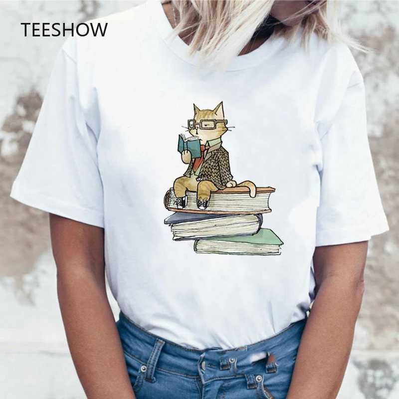 

Cats love reading book funny t shirts women kawaii tshirt new summer white female t-shirt cute animal print cats lover tops tee