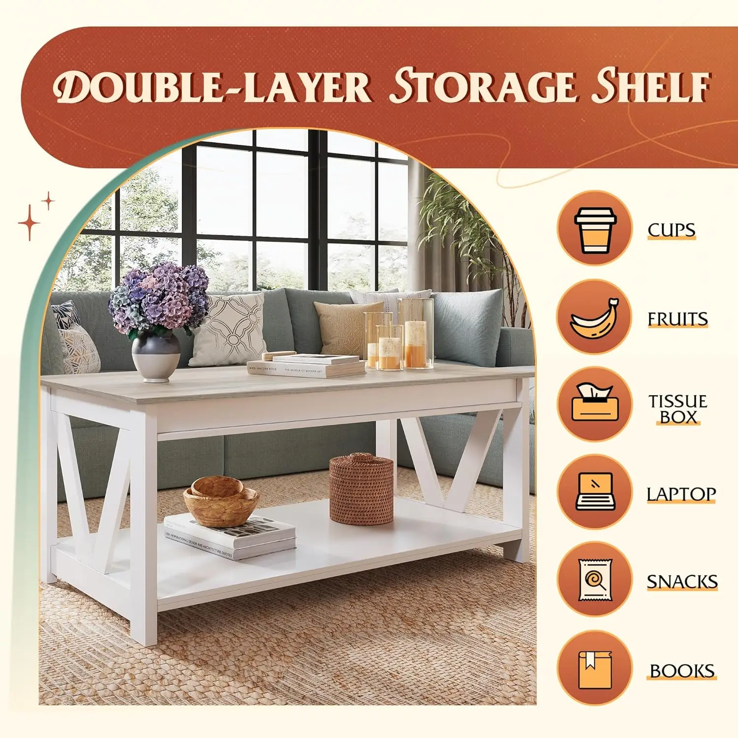 Coffee Table, 43" Farmhouse Coffee Table With Storage Shelf & Sturdy V-Shaped Support, Wood Center Table For Living