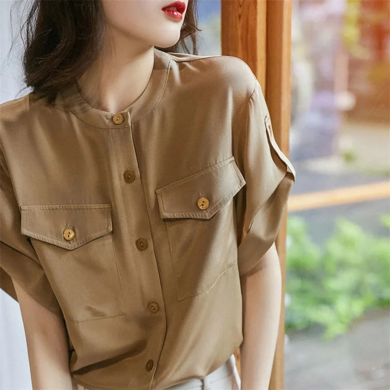 Summer Top Solid Color 2024 New French Shirt Chiffon Shirt Women's Short Sleeve Design Covering the Belly Shows Thin Top Blouser