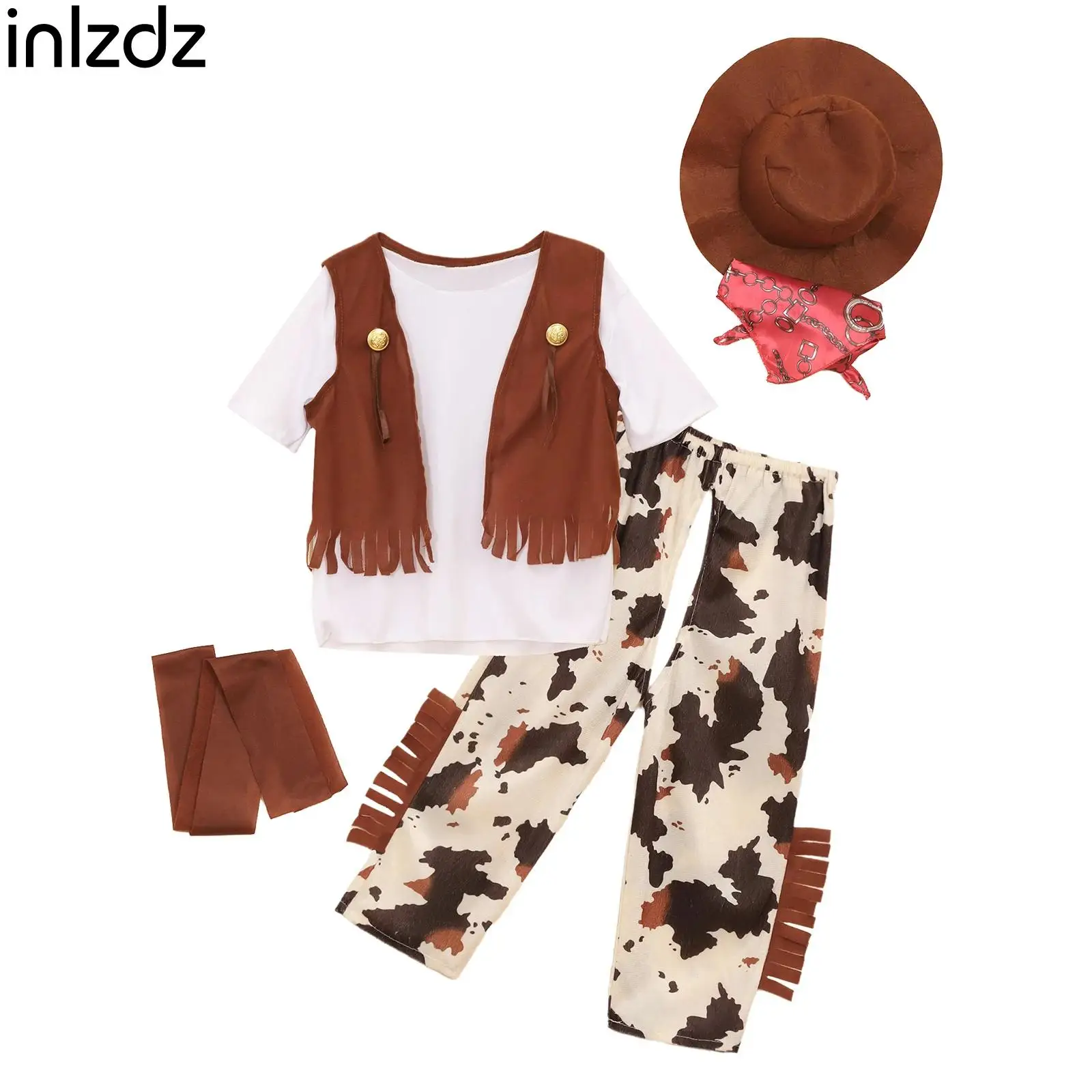 

6Pcs Boys Western Cowboy Bandanna Cosplay Costume T-shirt with Pants Vest Hat Bandana And Waistband for Halloween Dress Up Set