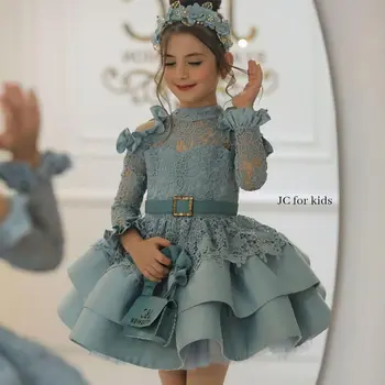 Księżniczka dziewczęca sukienka w kwiaty komunia dziewczyna księżniczka na szyję z rękawem iluzji koronkowa suknia balowa włochata spódnica