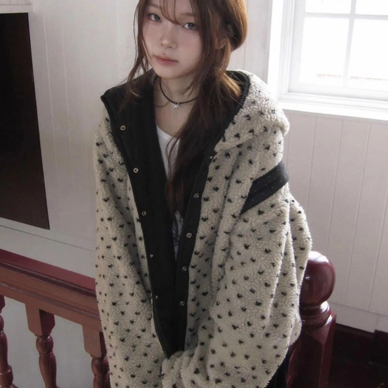 

Thiened Lamb Fur Hooded Double-Sided Cotton Jaet Women's Warm Plaid Outerwear Spring Autumn Winter Seasonal Commute Sle