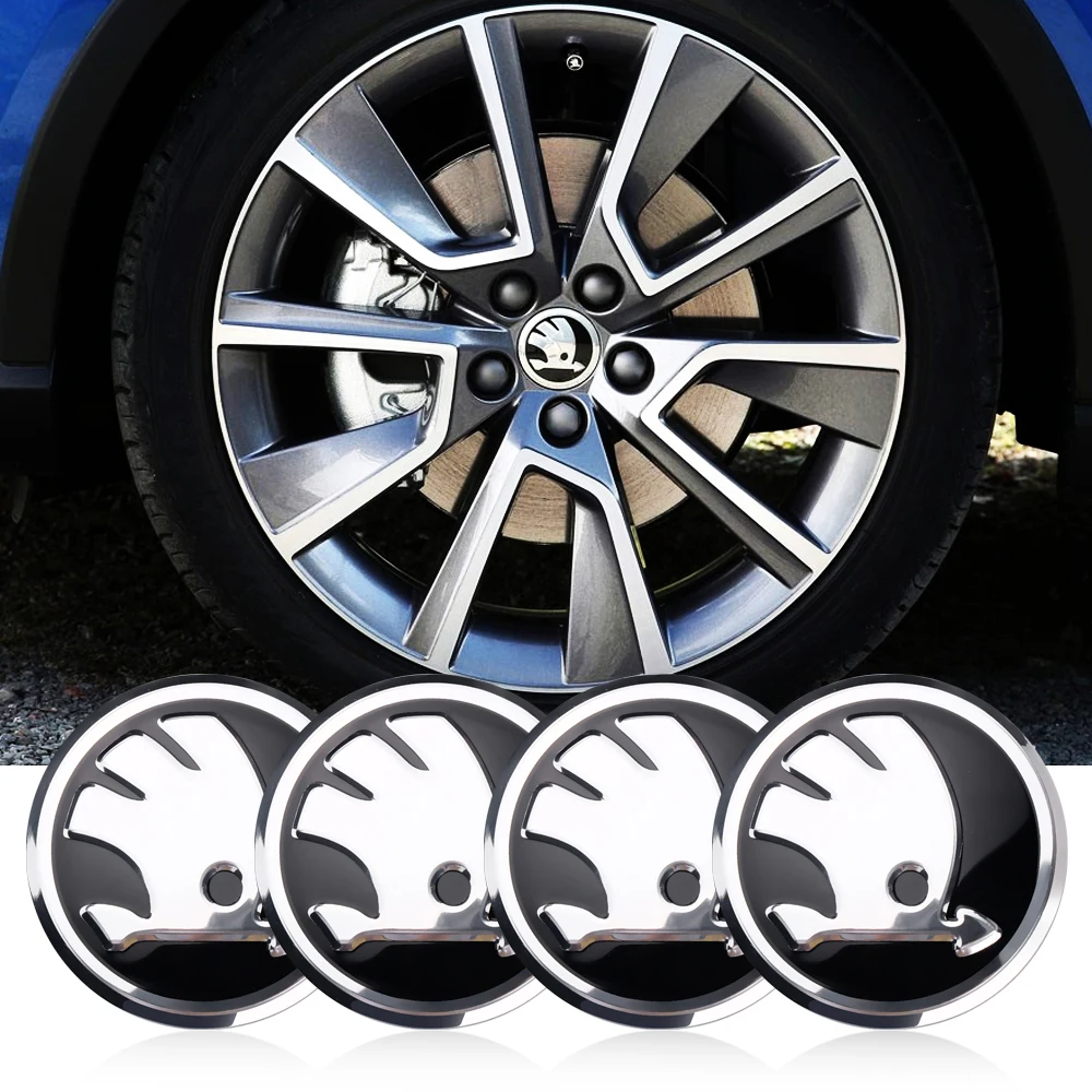 4Pcs 56/60mm Car Tire Hub Center Cap Wheel Cap Badge Sticker For Skoda S Fabia Superb Octavia Rapid Karoq VII Yeti Kodiaq Kamiq