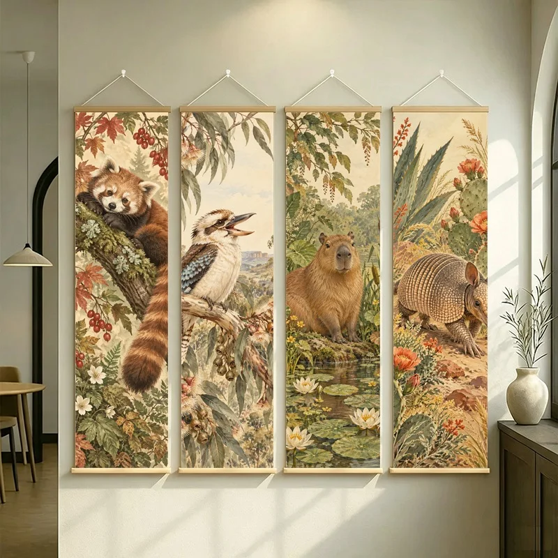 Wall Art Capybara Lotus Pond and Forest Garden, Whimsical Nature Pearlescent Canvas Hanging Scroll for Kids Reading Nook