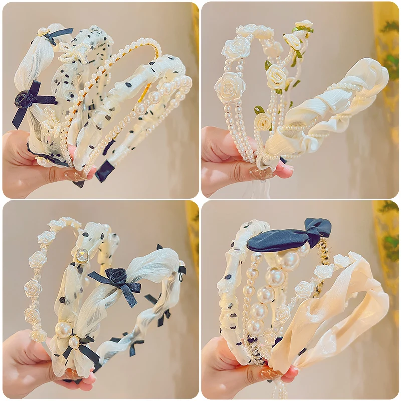 New Children Cute Elegant Pearl Flower Bow Hairbands Headwears Girls Lovely Hair Hoop Headbands Kids Fashion Hair Accessories