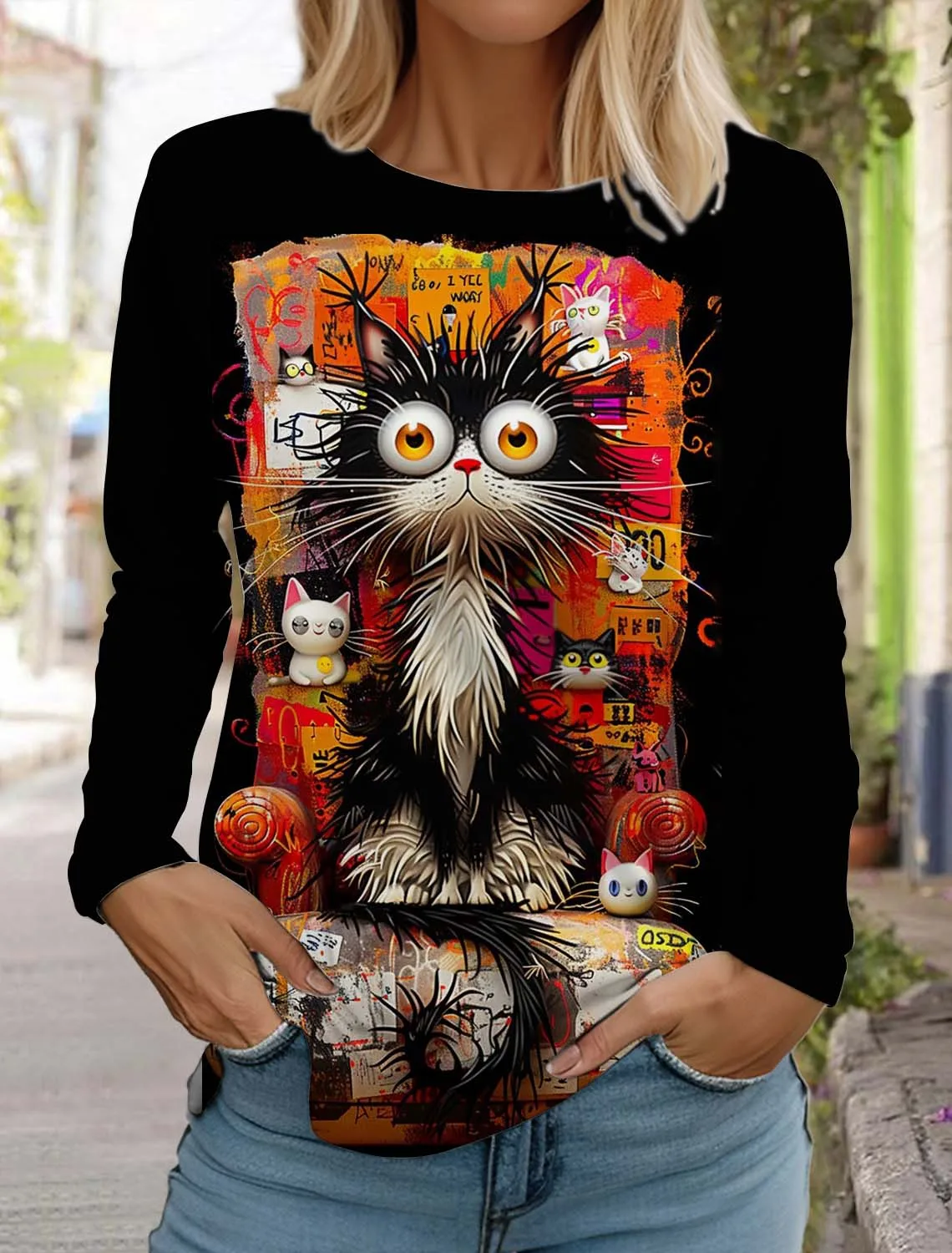 

New Christmas Cute Cat Women's Long Sleeves T-Shirt Autumn New Animal Pattern Crew Neck Tops Casual Fashion Party Women Clothing