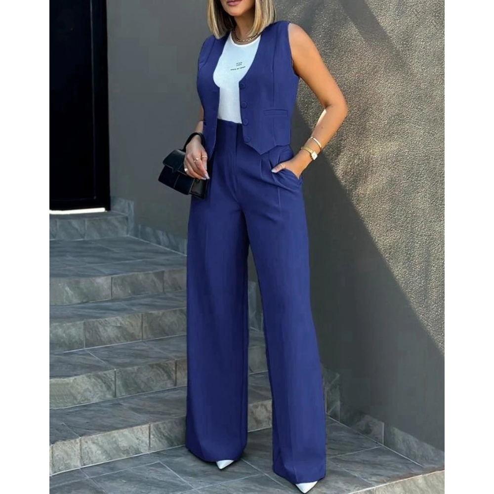 Ensembles Femme Buttoned V-Neck Waistcoat Top & Wide Leg Pants Sets Business Attire for Women Summer 2 Pieces Pants Set Workwear