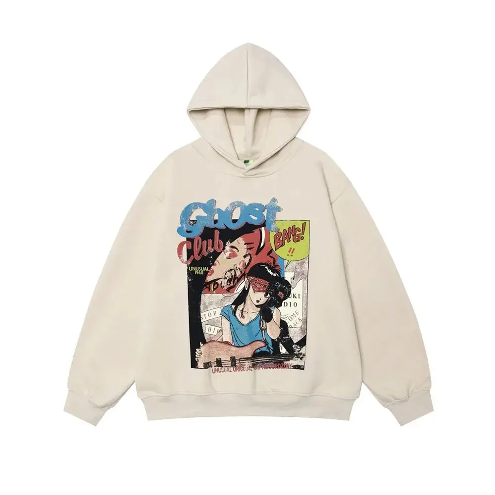 

Vintage Comic Printed Hooded Sweatshirt Men and Women High Street Autumn Cotton Long Sleeve Loose High Quality Hoodie