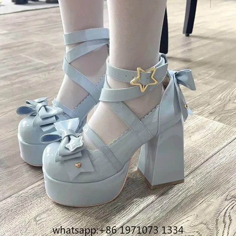 Lolita Shoes Women High Heels Shoes Woman Chunky Sandals Summer Mary Janes PU Leather Shoes Retro Bow Party Platform Pumps