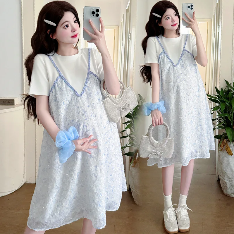 

2025 Luxury Mock Layer Pregnancy Dress Summer Short Hemline Petite Friendly Office Appropriate Comfortable Chic Maternity Wear