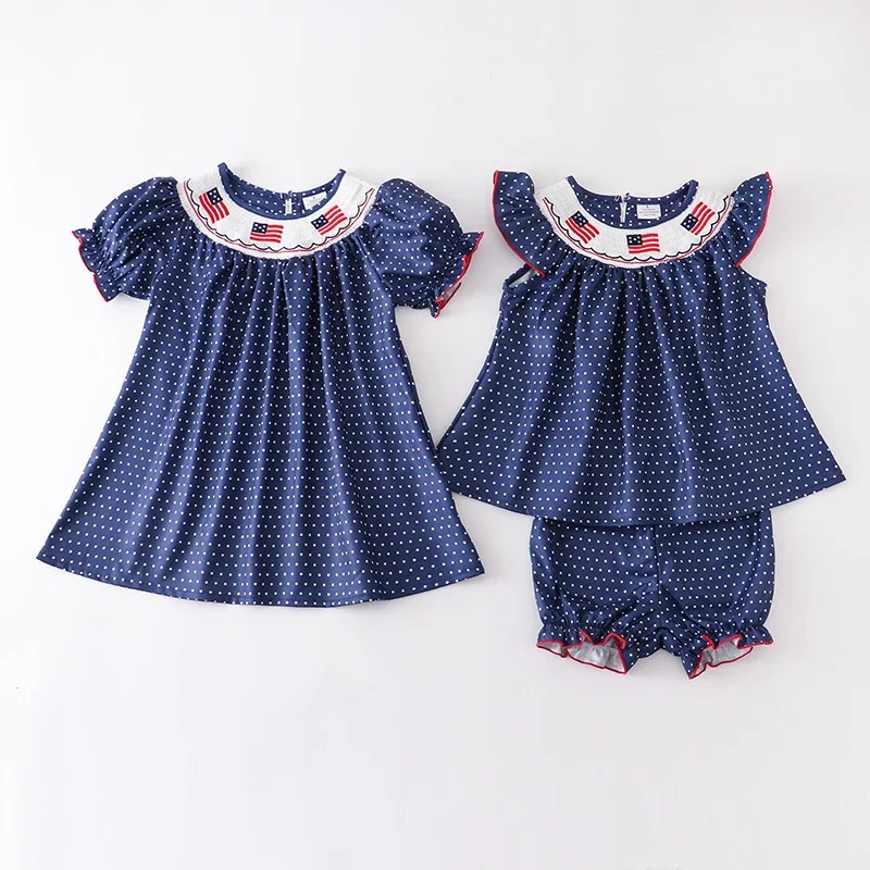 Girlymax-Robe smockée à pois pour enfants, ensemble short, vêtements pour enfants, fête de l'indépendance des États-Unis, boutique pour frères et sœurs, 4 juillet, été