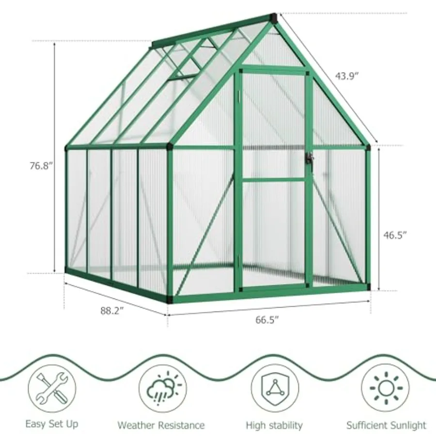 Feet Outdoor Greenhouse, Polycarbonate Greenhouse with Roof Vent and Ground Nails, Aluminum Large Walk-in Green House w/Lockabl