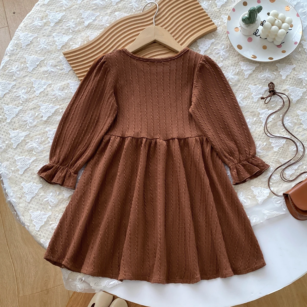 Girl Solid Color Autumn Long Sleeve Ruffled Micro-pleated A- line Dress Children's Fashion Princess Dress