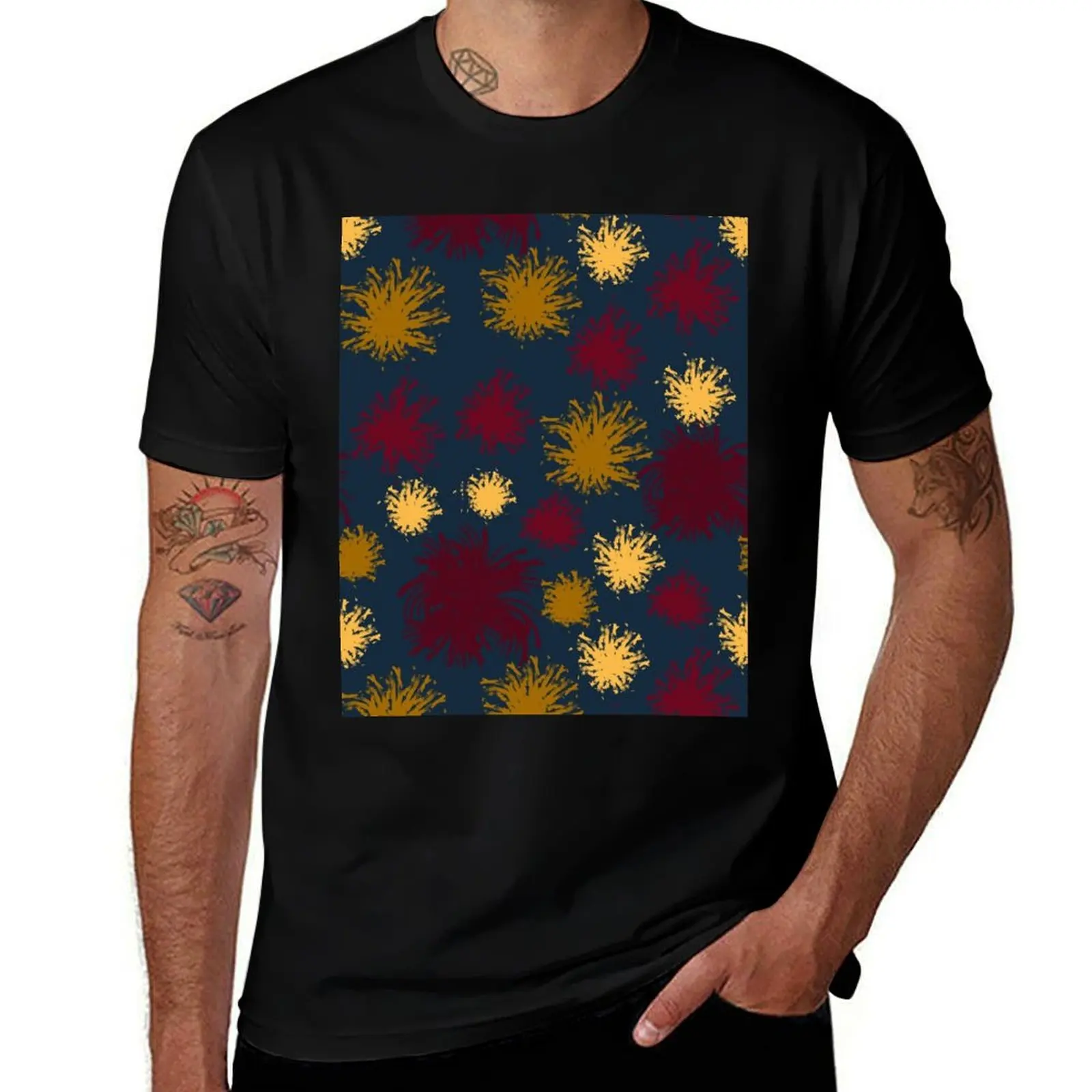 

Red Ochre and Yellow Flowers on Blue T-Shirt t shirts for man cotton soft g man t shirts for men T-Shirt