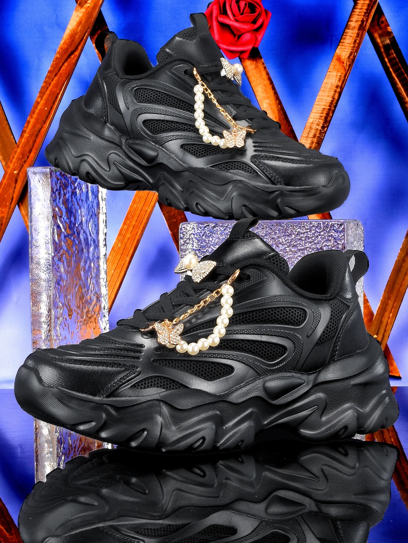 Women's Thick-Soled 5cm Height-Increasing Dad Shoes Y2K Sweet Cool Style with Detachable Gold Bow, Pearl Chain Decoration, Breathable Mesh, Eva Irregular Sole, Black Casual Sneakers, Trendy for Everyday Wear, Unique Design, Non-Crowded Style, Hot Girl Student Versatile Soft-Soled Women's Shoes
