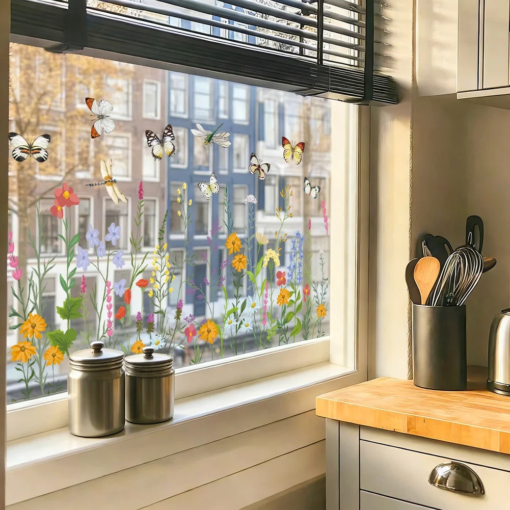 Static Cling Sticker with Blossoming Flowers and Butterflies for Windows Glass Mirrors Tiles Wood Metal Smooth Walls