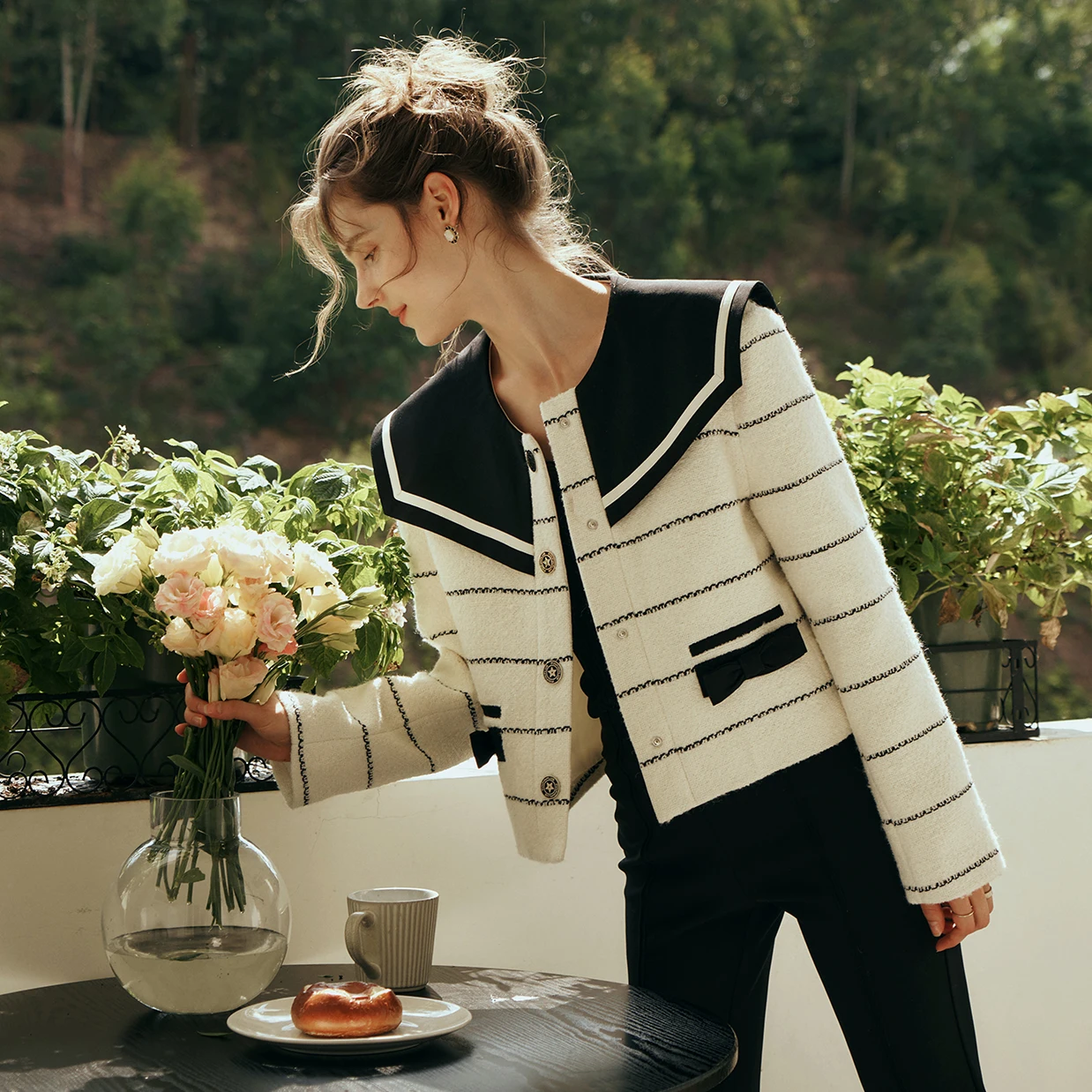 OLrain Women's Elegant Striped Tweed Cropped Jacket 2026 Spring Autumn Sailor Collar Long Sleeve Youthful Outwear Top O23QW69235