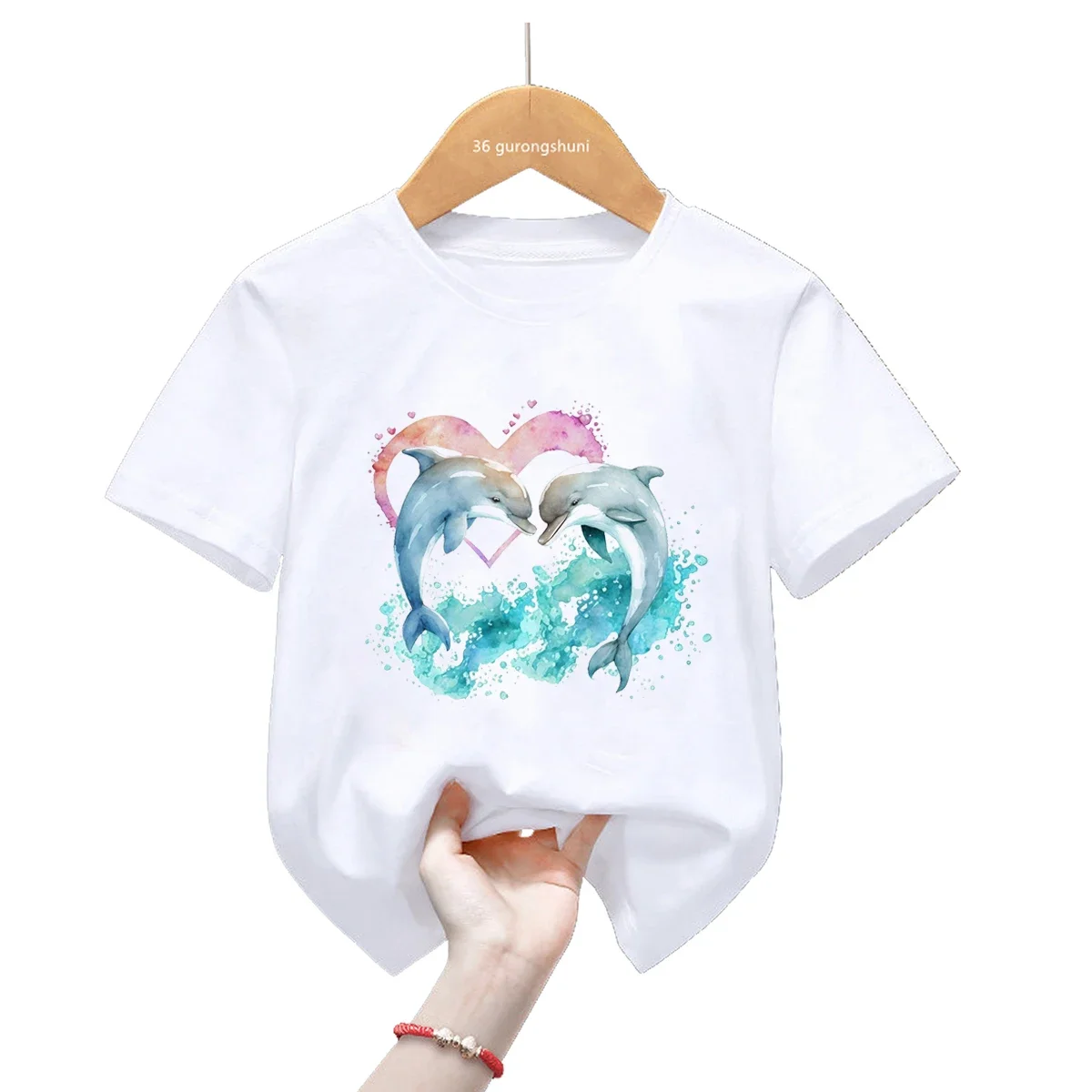 Love Watercolor Dolphin Print Tshirt Girls/Boys Harajuku Kawaii Kids Clothes Whale Flowers Summer Tops Fashion T Shirt Girls