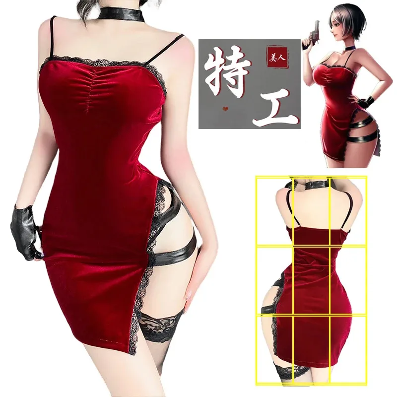 فستان مثير آدا وونغ التأثيري لفيلم الخدمة السرية سترات موحدة فستان أحمر مثير دانتيل شيونغسام ملابس داخلية زي الهالوين