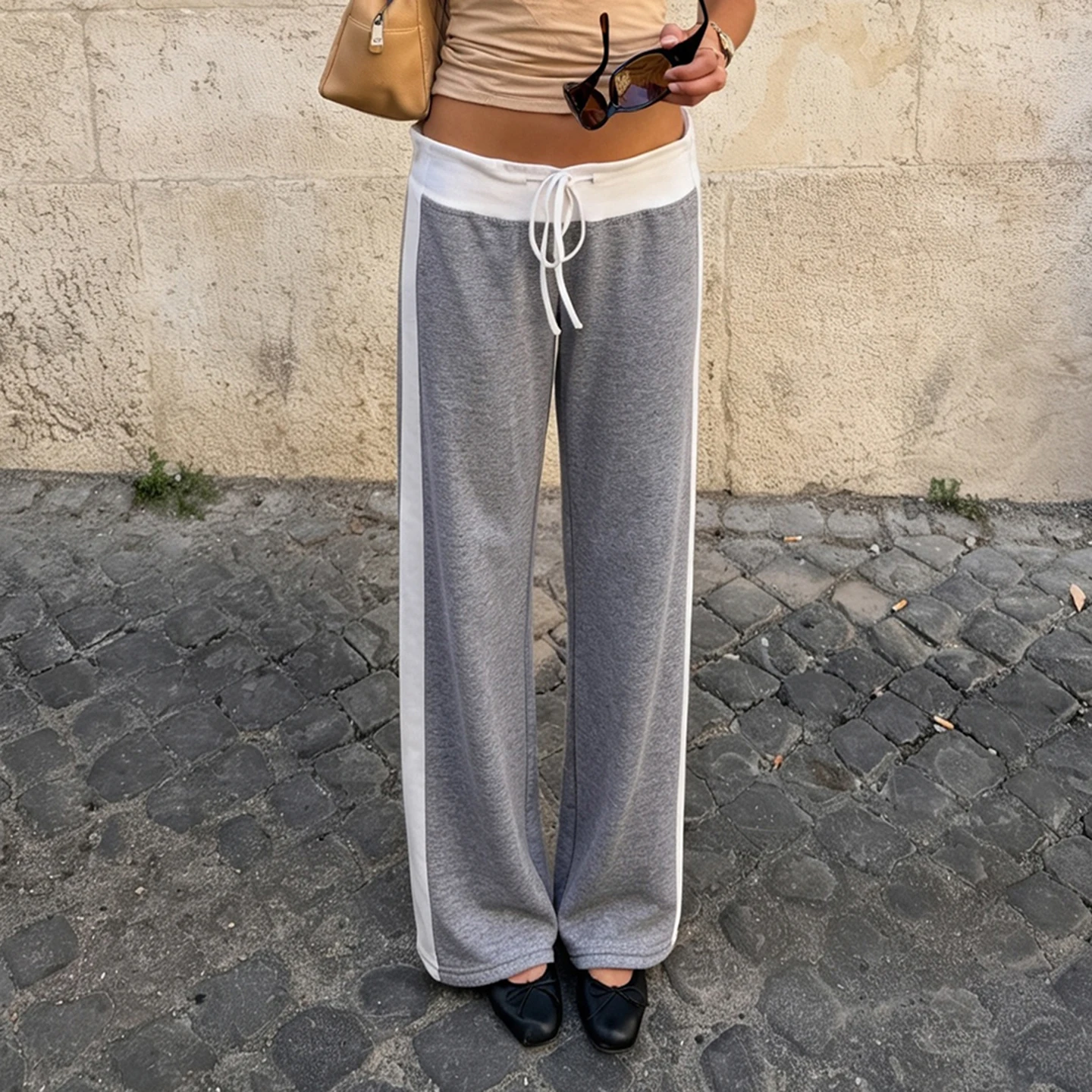 Women Y2K Color Block Straight Leg Sweatpants Fold Over Waist Drawstring Side Stripe Wide Leg Bootcut Sports Casual Long Trouser
