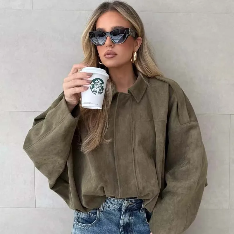 YENKYE New 2025 Women Suede Textured Jacket Long Sleeve Lapel Collar Loose Coats Casual Female Outerwear Chic Tops